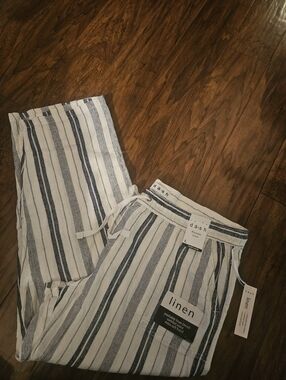 Dash Women's Linen Pants Size L Blue White Stripe Elastic Drawstring Pockets